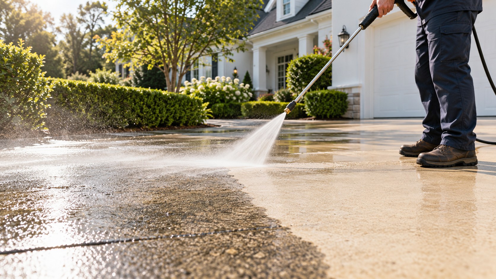 Illustration of a pressure washing professional cleaning a concrete driveway